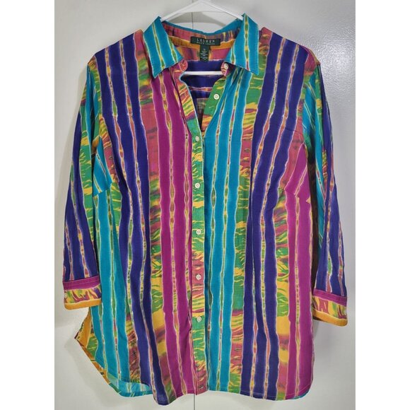 LAUREN RALPH LAUREN Women's 1X Stripe Colorful Button Up Blouse Cotton Artsy - Picture 1 of 7
